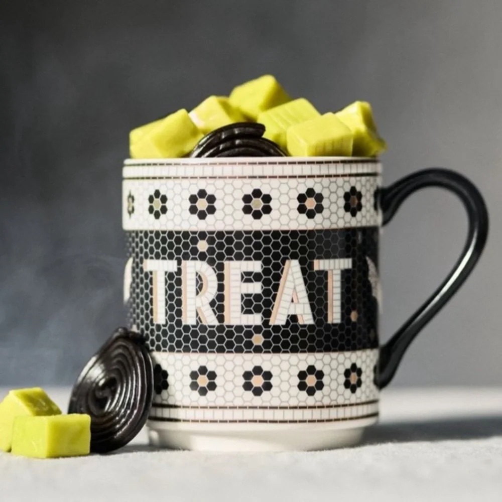 Anthropologie The Bistro Tile Stoneware Mug: Halloween BAT Trick or Treat